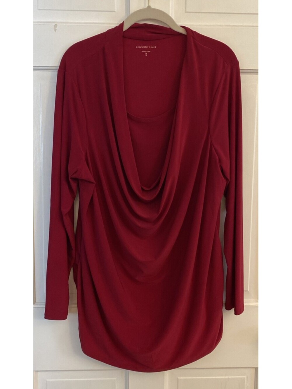 Coldwater Creek Red Top Draping Neck Faux Tank LS Ruched Sides Womens 1X